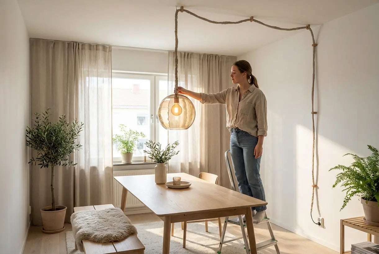 Scandinavian dining room with plug-in pendant light above wooden table, no hardwire lighting solution