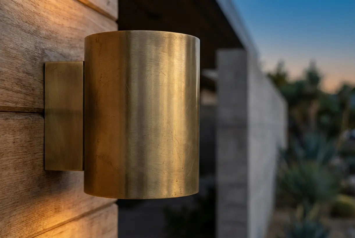 Detailopname van een cilindrische mid-century buitenlamp van messing