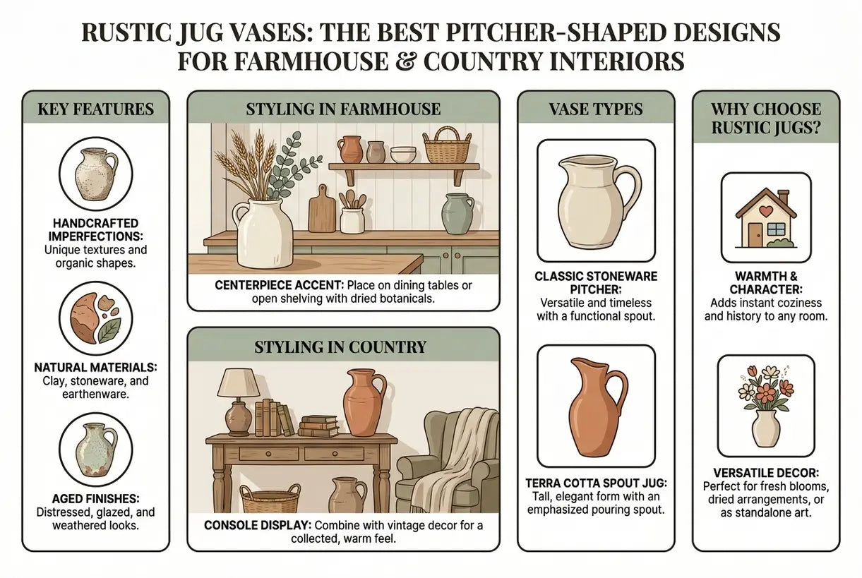 Rustic Jug Vases: The Best Pitcher-Shaped Designs for Farmhouse & Country Interiors - infographic