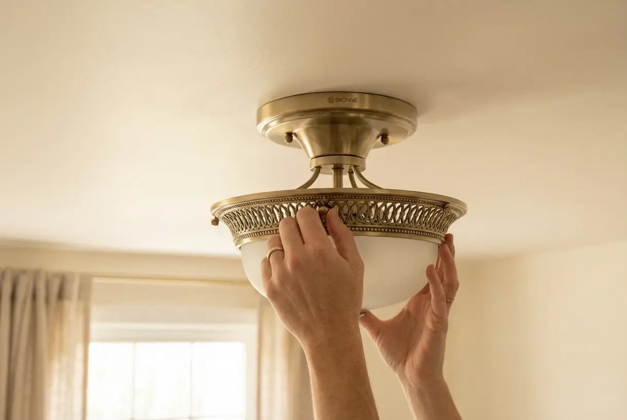 Handen die een moderne opbouw kroonluchter op een laag plafond aanpassen