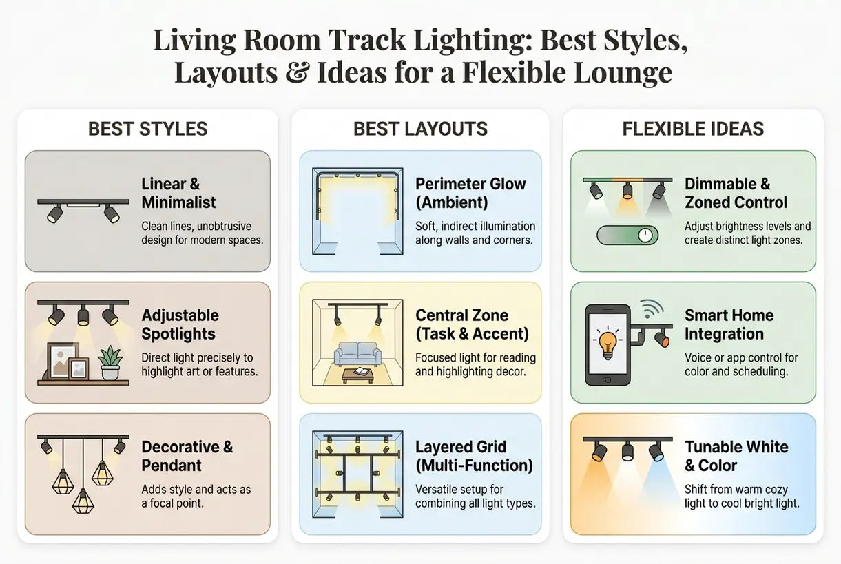 Living Room Track Lighting: Best Styles, Layouts & Ideas for a Flexible Lounge - infographic