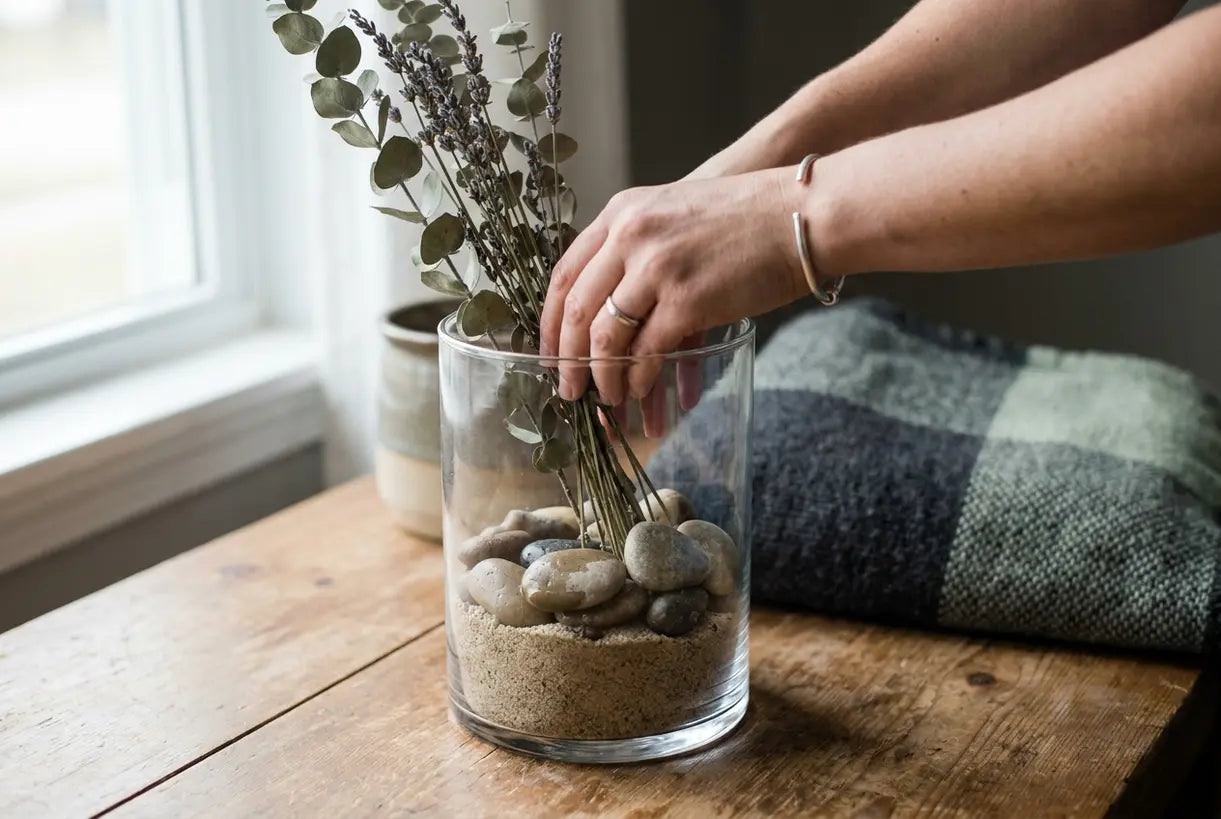 Hände arrangieren natürliche Vasenfüller Steine getrocknete Botanicals schöne Ausstellung