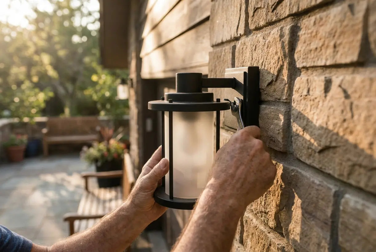 Close-up of hands installing a Scandinavian wall sconce on home exterior facade