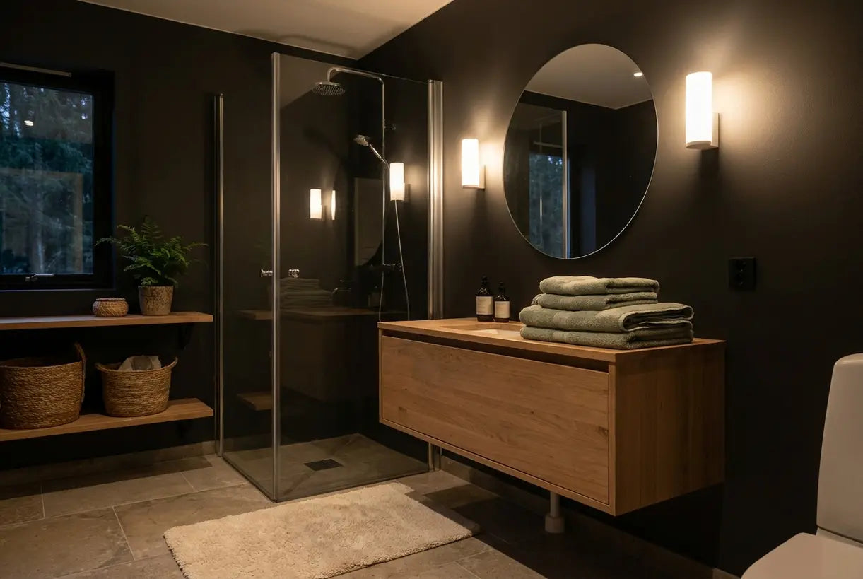 Scandinavian bathroom night scene with ambient wall sconces providing soft safe illumination