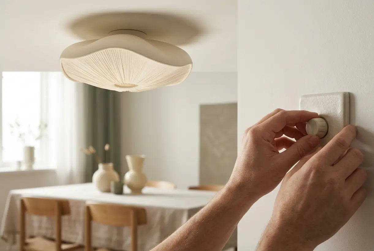 Cream sculptural flush mount ceiling light with tricolor LED in Scandinavian dining room