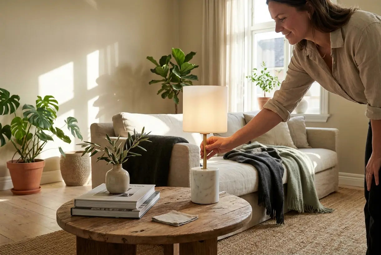 Marmeren draadloze lamp die een Scandinavisch interieur verlicht met warme sfeerverlichting