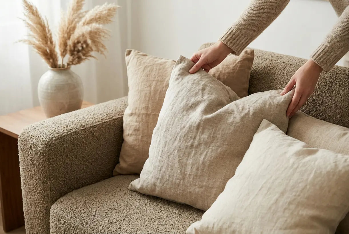 Hands styling beige linen cushions on boucle sofa, warm neutral interior design details