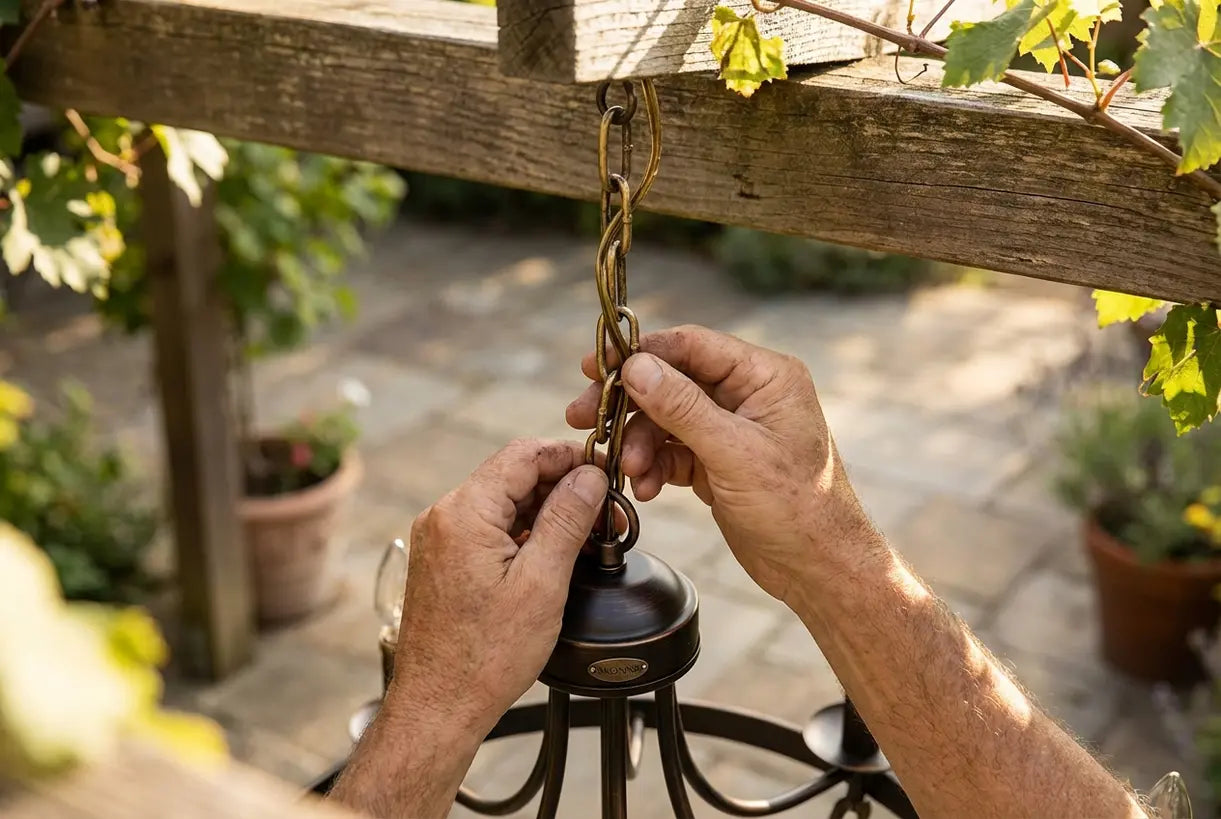Adjusting brass outdoor chandelier chain on pergola beam