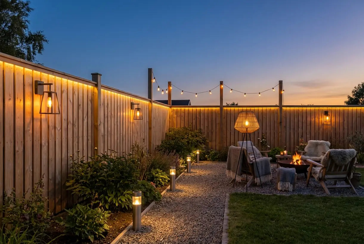 Scandinavische tuinafscheiding verlicht met buitenhekverlichting en warme sfeerverlichting in de schemering