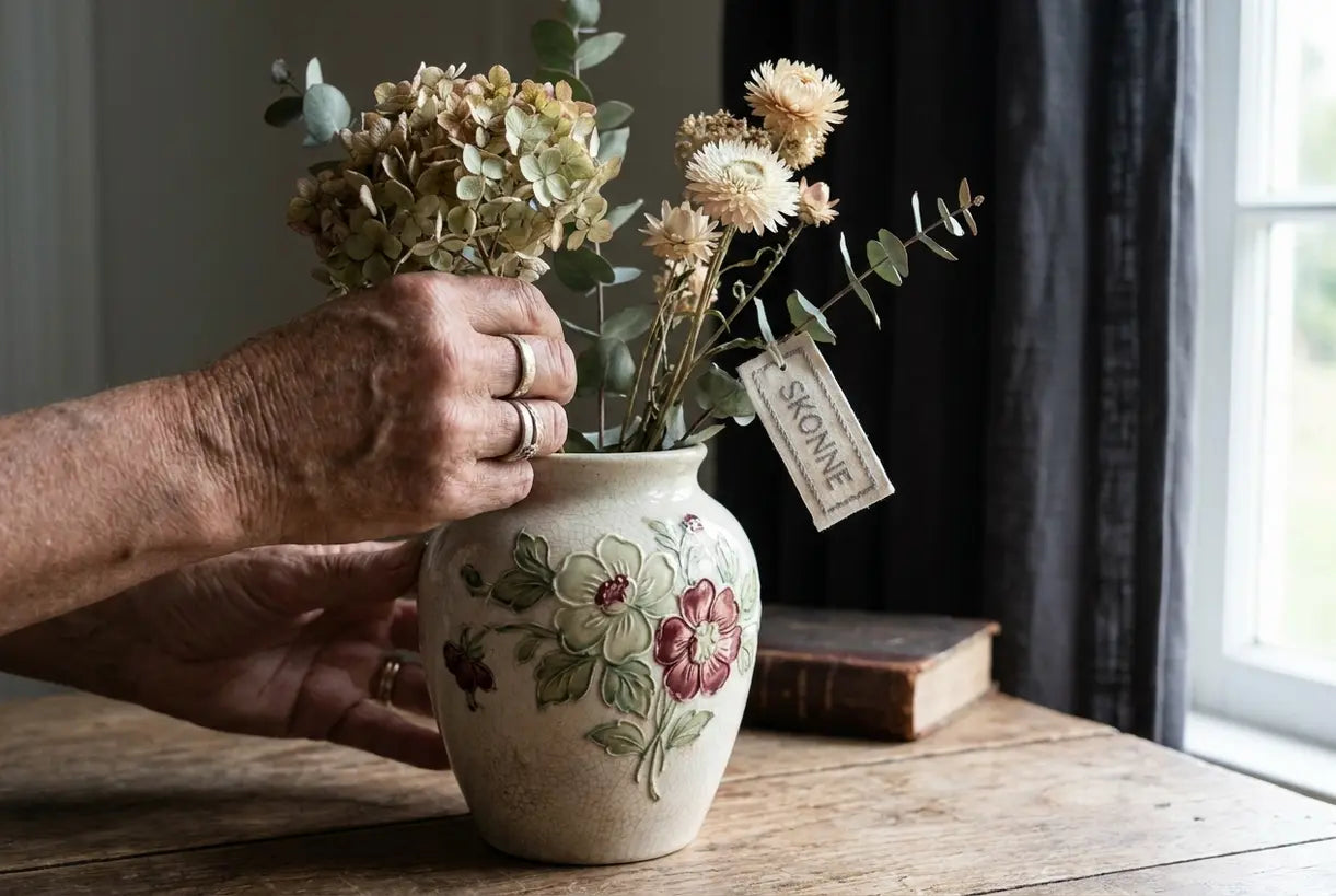 Hands arranging dried flowers in antique ceramic vase with period-style detailing