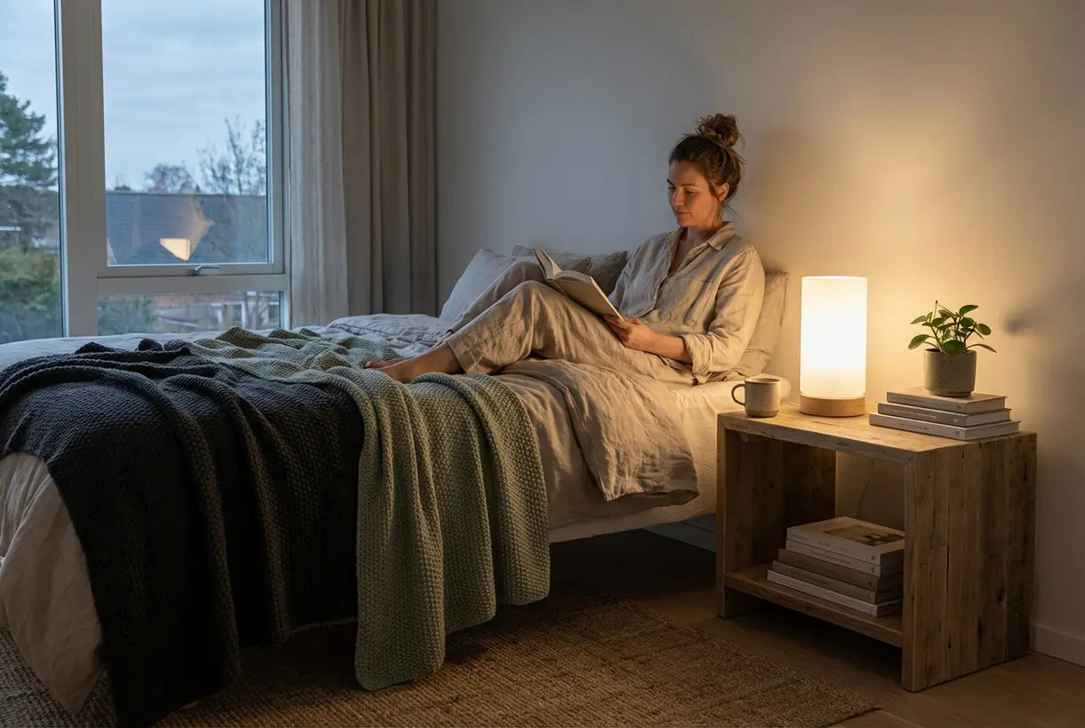 Scandinavische slaapkamer met dimbare nachtkastjelamp die een warme sfeervolle sfeer creëert voor avondlezen