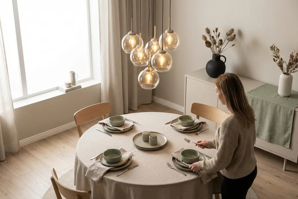 Scandinavische eetkamer met elegante plafondlamp die correct boven de eettafel is geplaatst