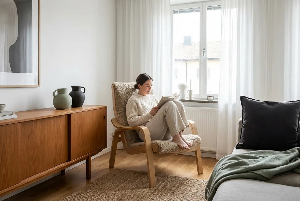 Scandinavian living room interior with curated modern furniture and natural lighting