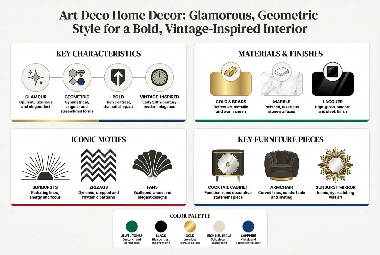 Art Deco Home Decor: Glamorous, Geometric Style for a Bold, Vintage-Inspired Interior - infographic