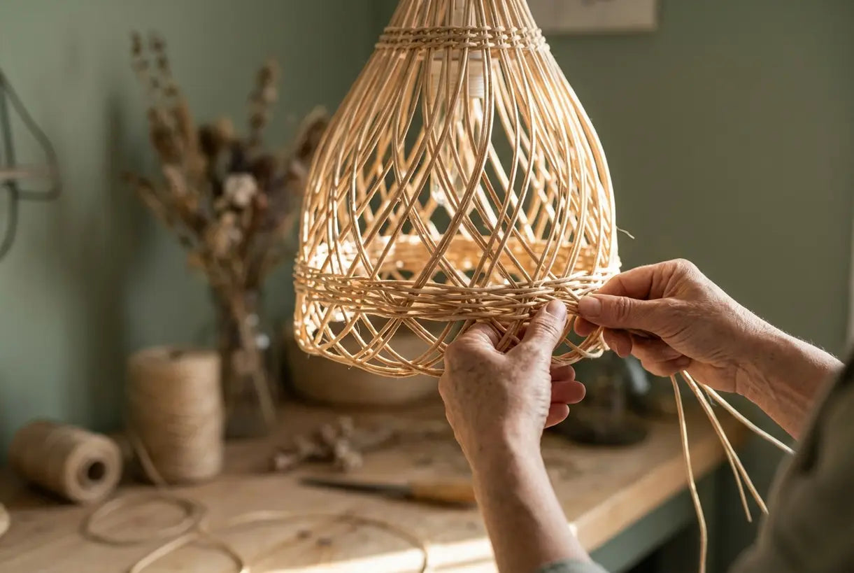 Ambachtelijke handen weven rotan voor boho plafondlamp vakmanschap