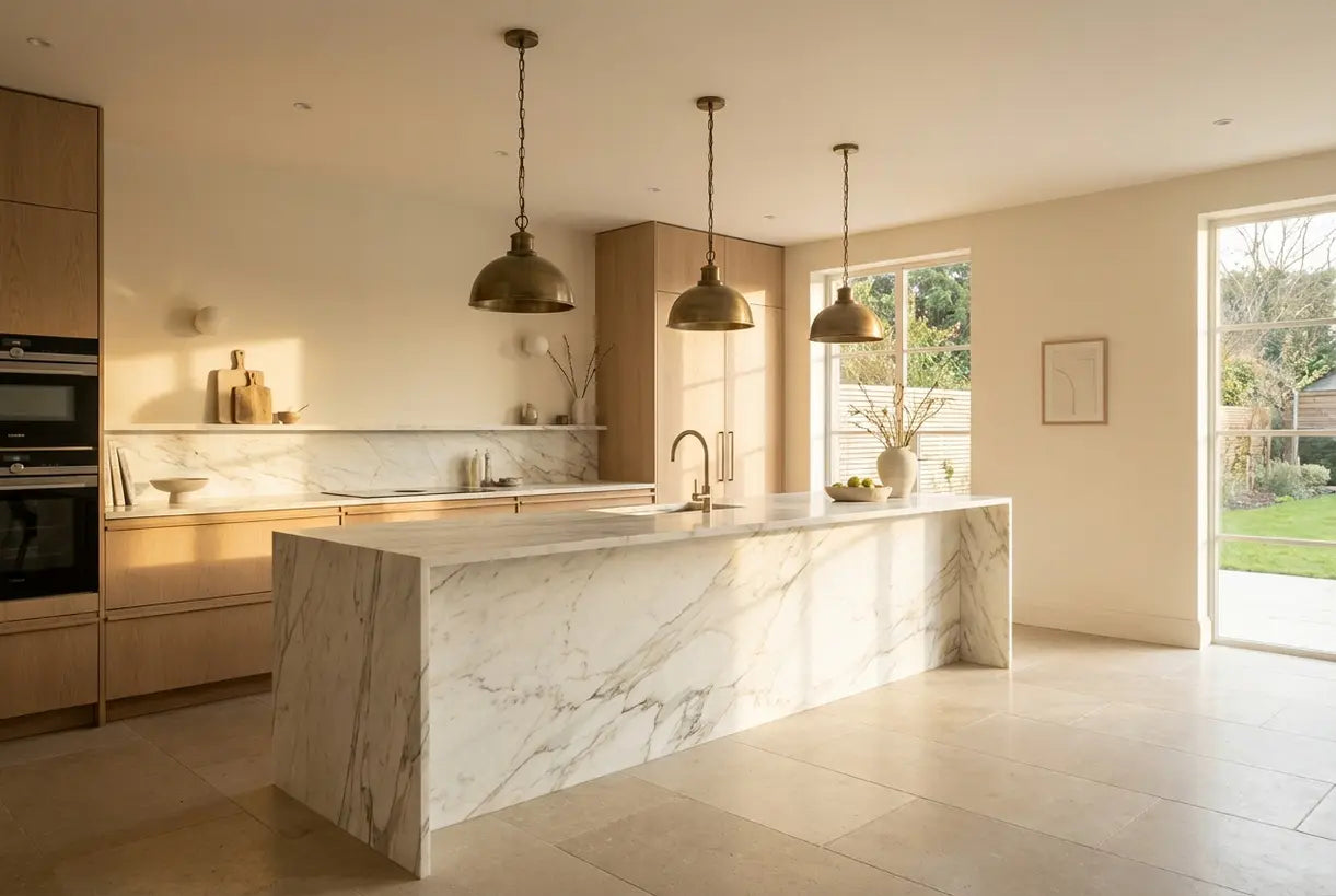 Modern kitchen island with three brass pendant lights