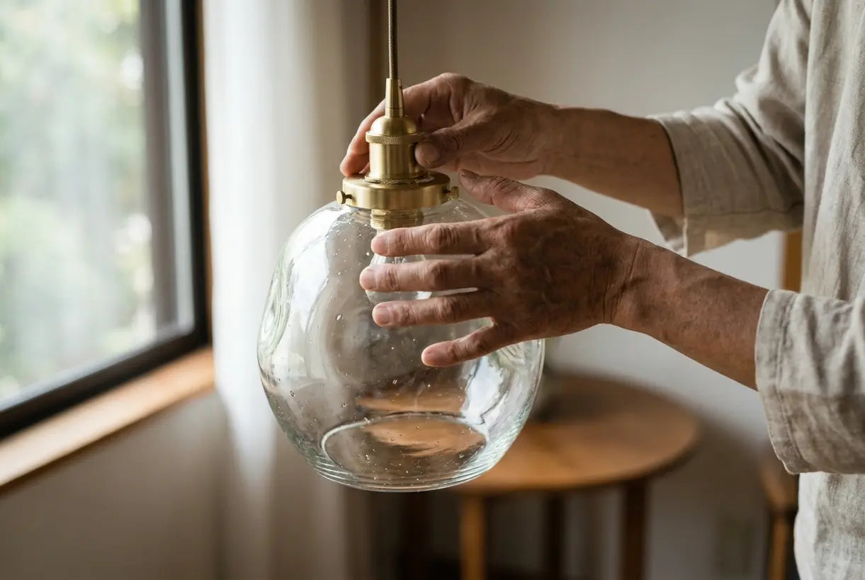 Hand-blown glass pendant light detail showing craftsmanship for modern dining room