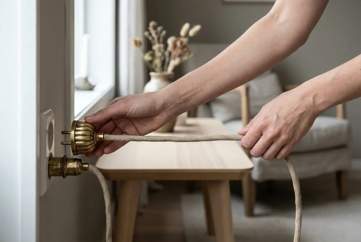 Installeer een instekende kroonluchterkabel met messing hardware en met stof omwikkelde textielkabel in Scandinavisch interieur