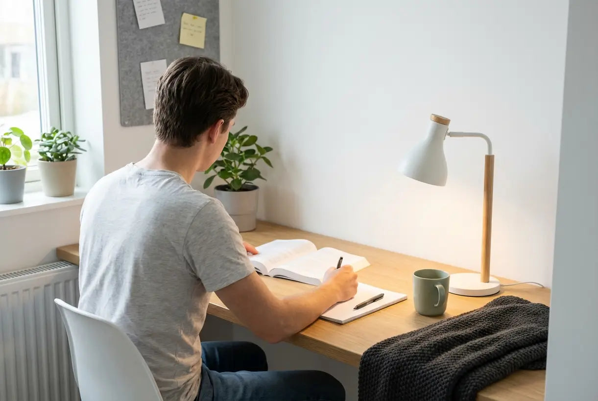 Scandinavisch studentenkamerbureau met student die studeert onder een moderne bureaulamp
