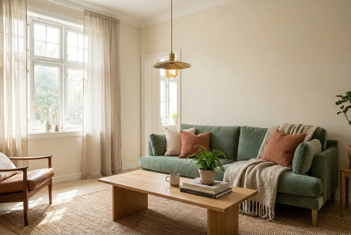 Scandinavian living room with sage green sofa and terracotta accent color scheme