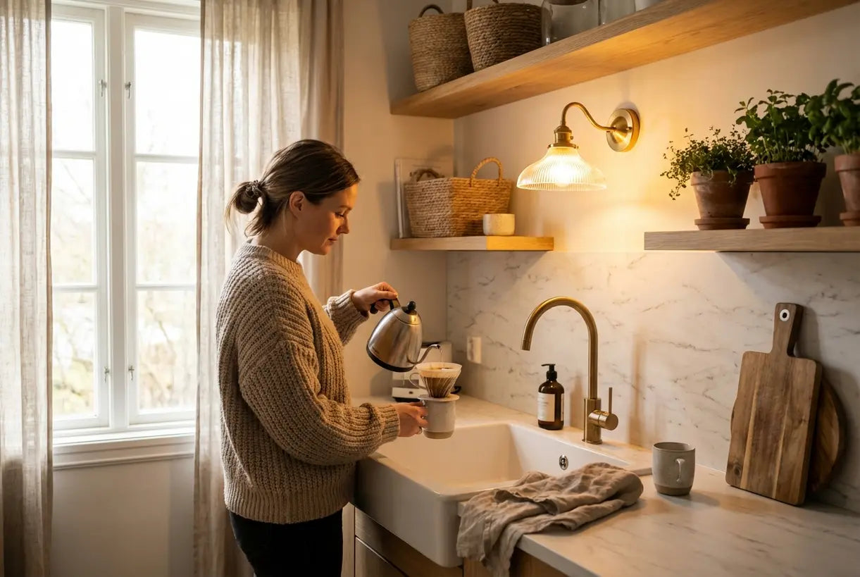 Vrouw aan het aanrecht, de werkplek wordt verlicht door een mooi gestylede wandlamp