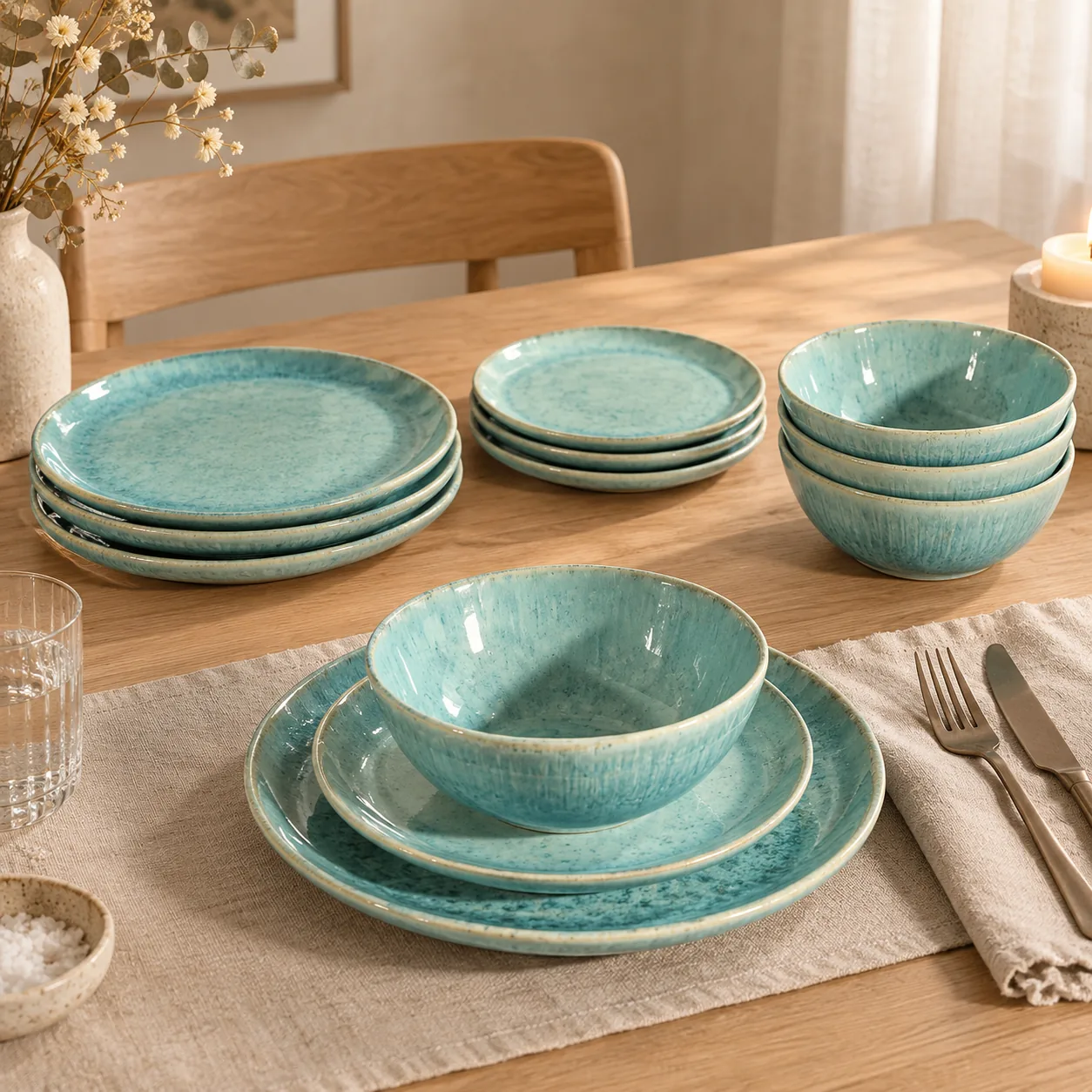 Havblå Aqua Glazed Ceramic Dinnerware Set for 4, styled in a Scandinavian interior