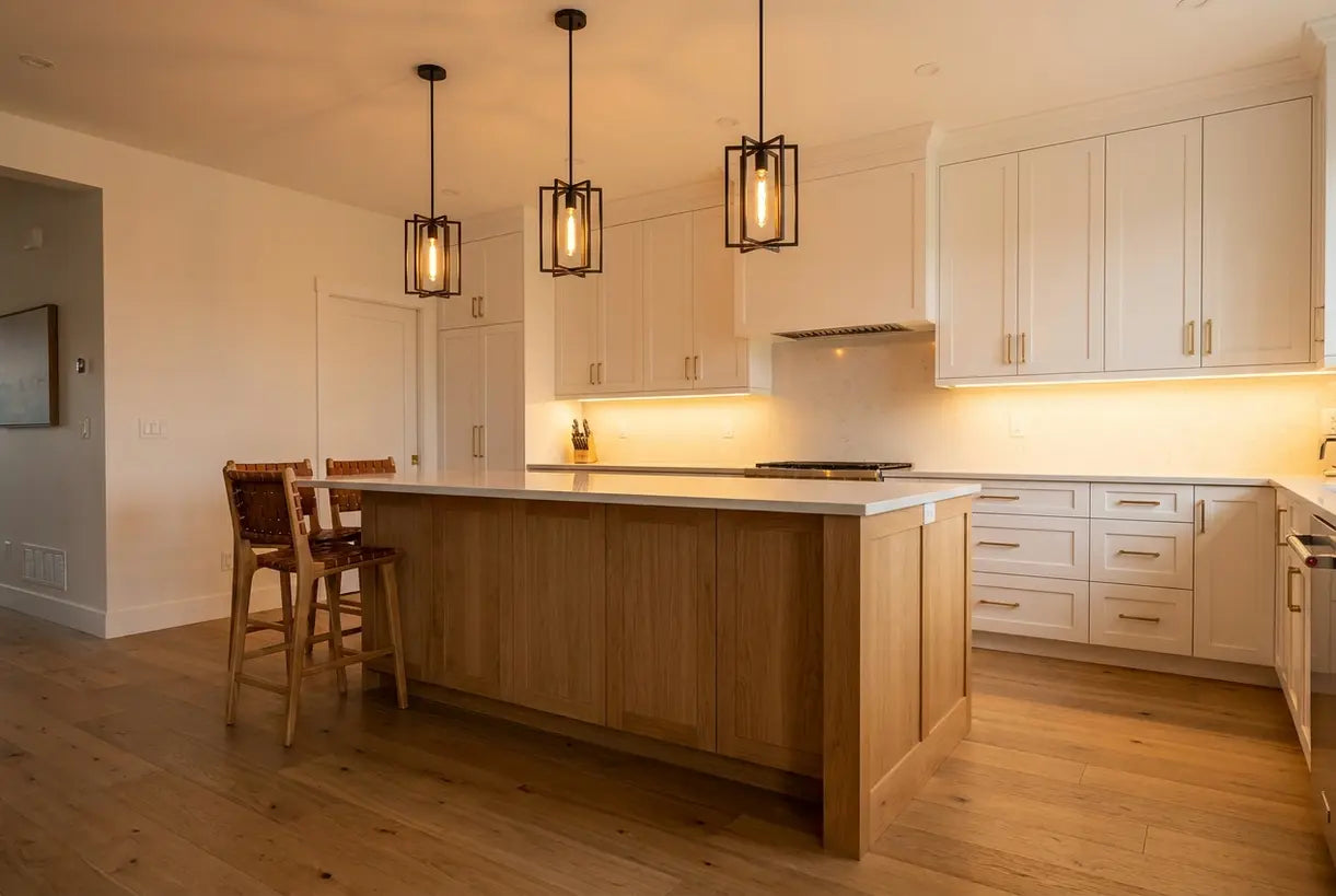 Three pendant lights over kitchen island