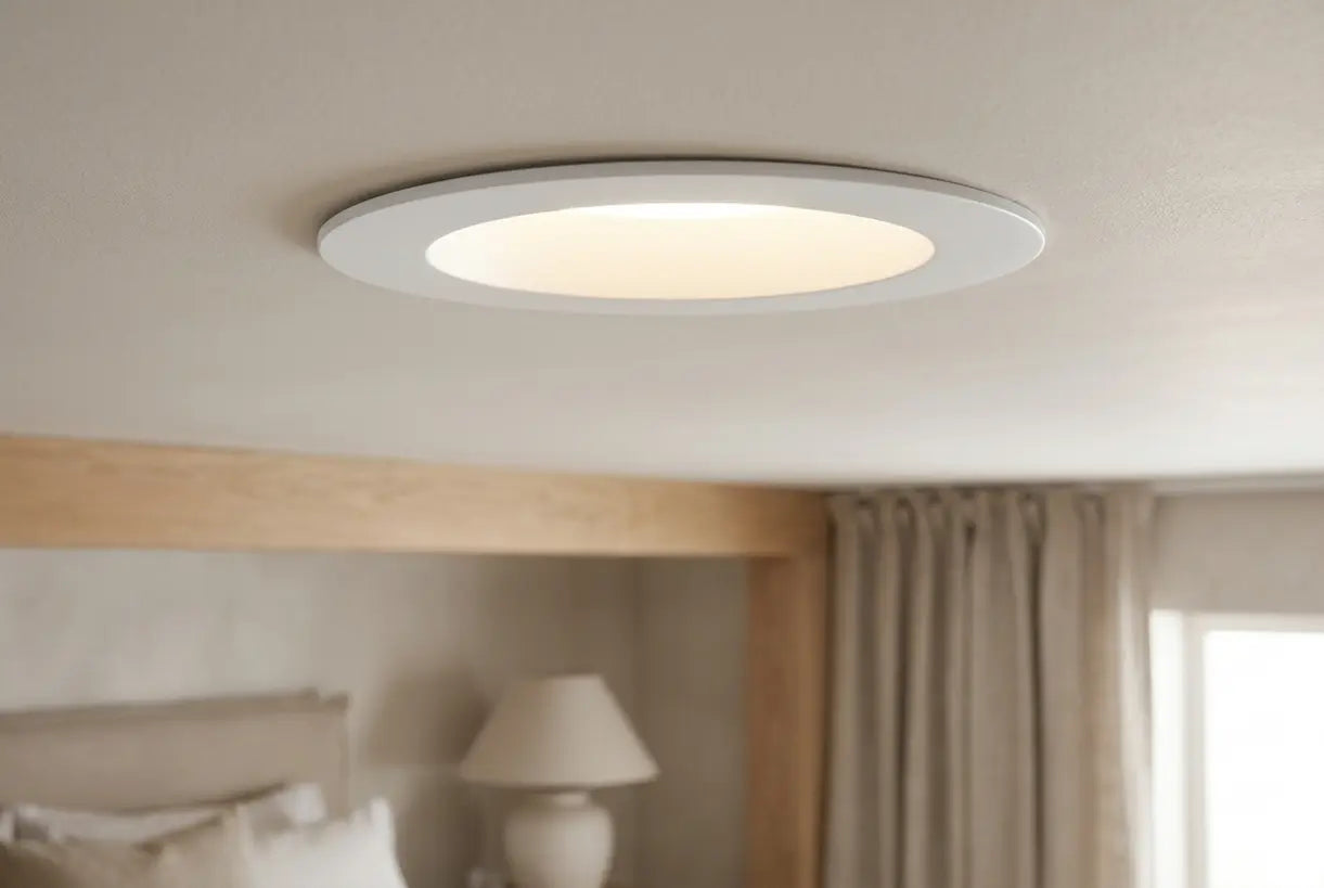 Close-up of modern recessed light fixture trim in bedroom ceiling