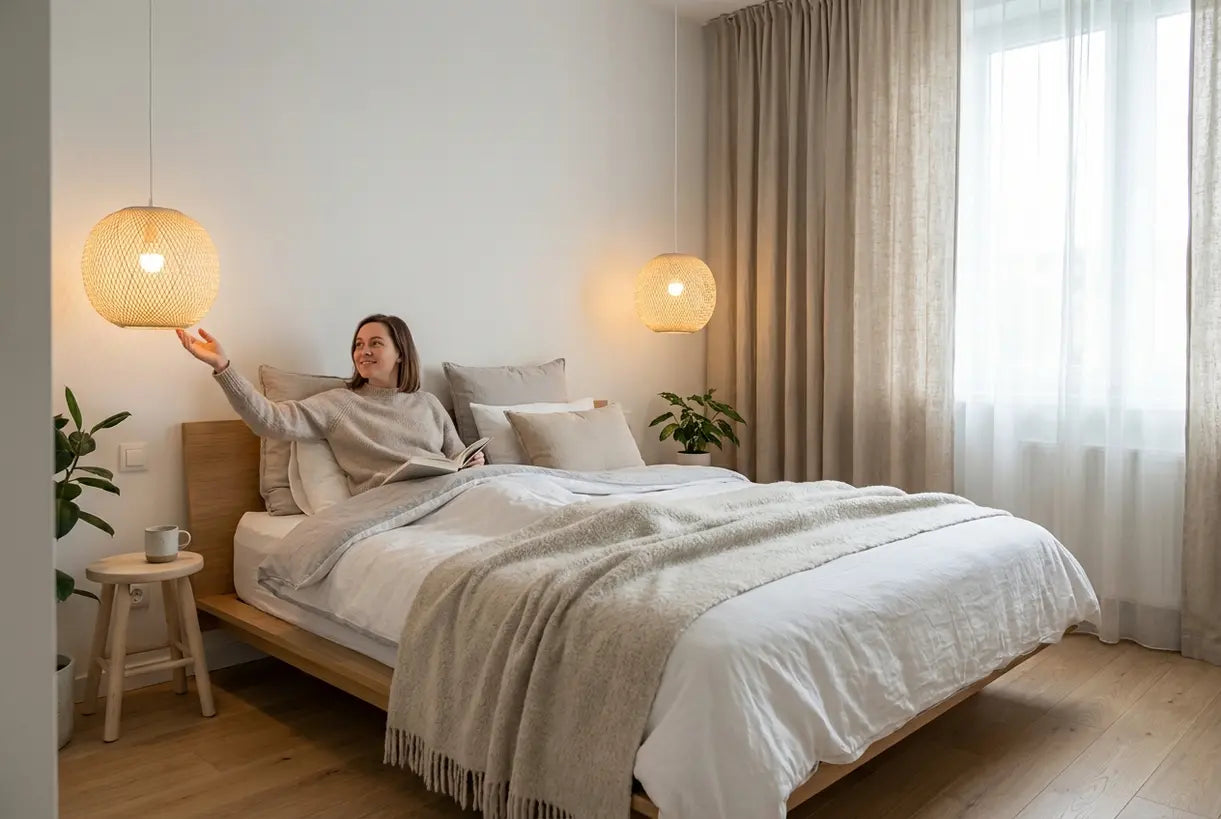 Scandinavian bedroom with symmetrical pendant lights hanging bedside