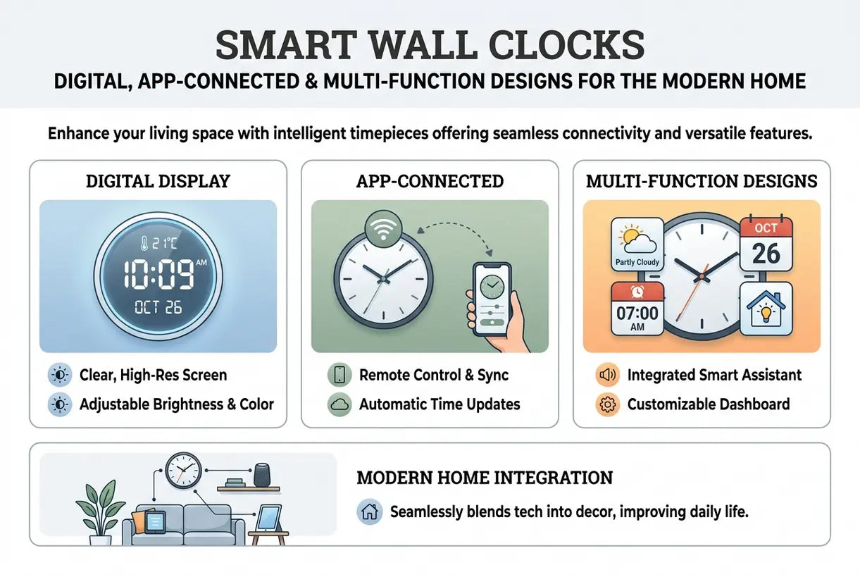 Smarte Wanduhren: digitale, app-gesteuerte und multifunktionale Designs für das moderne Zuhause - Infografik