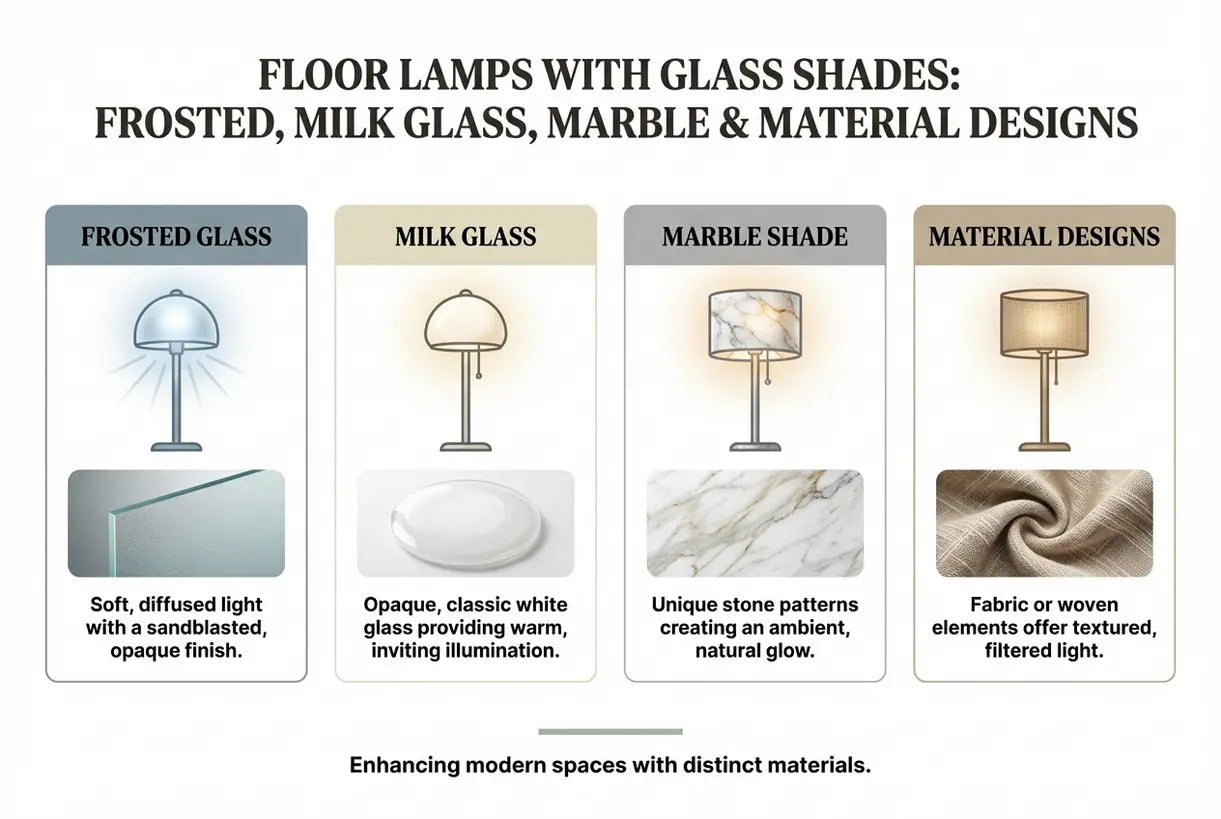 Vloerlampen met glazen kappen: Mat, Melkglas, Marmer & Materiële ontwerpen - infographic