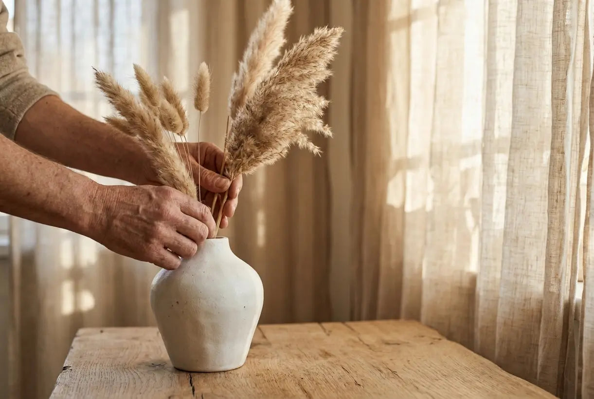Hands styling dried pampas in white Nordic ceramic vase on oak surface with natural lighting