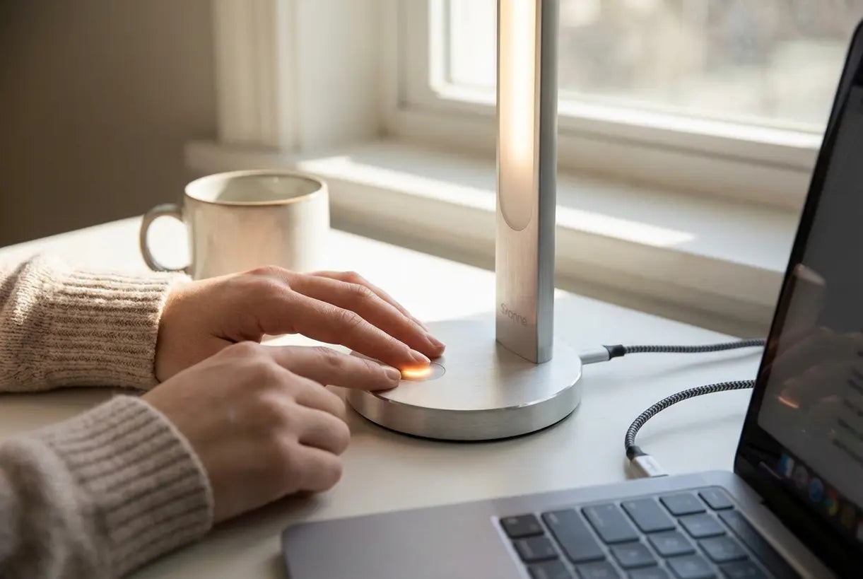 Handen die een USB-C oplaadbare lamp met touchbediening op een minimalistisch bureau verstellen
