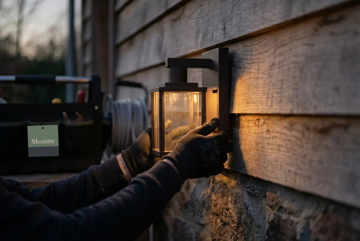 Moderne buitenwandlamp installeren met warme LED-verlichting