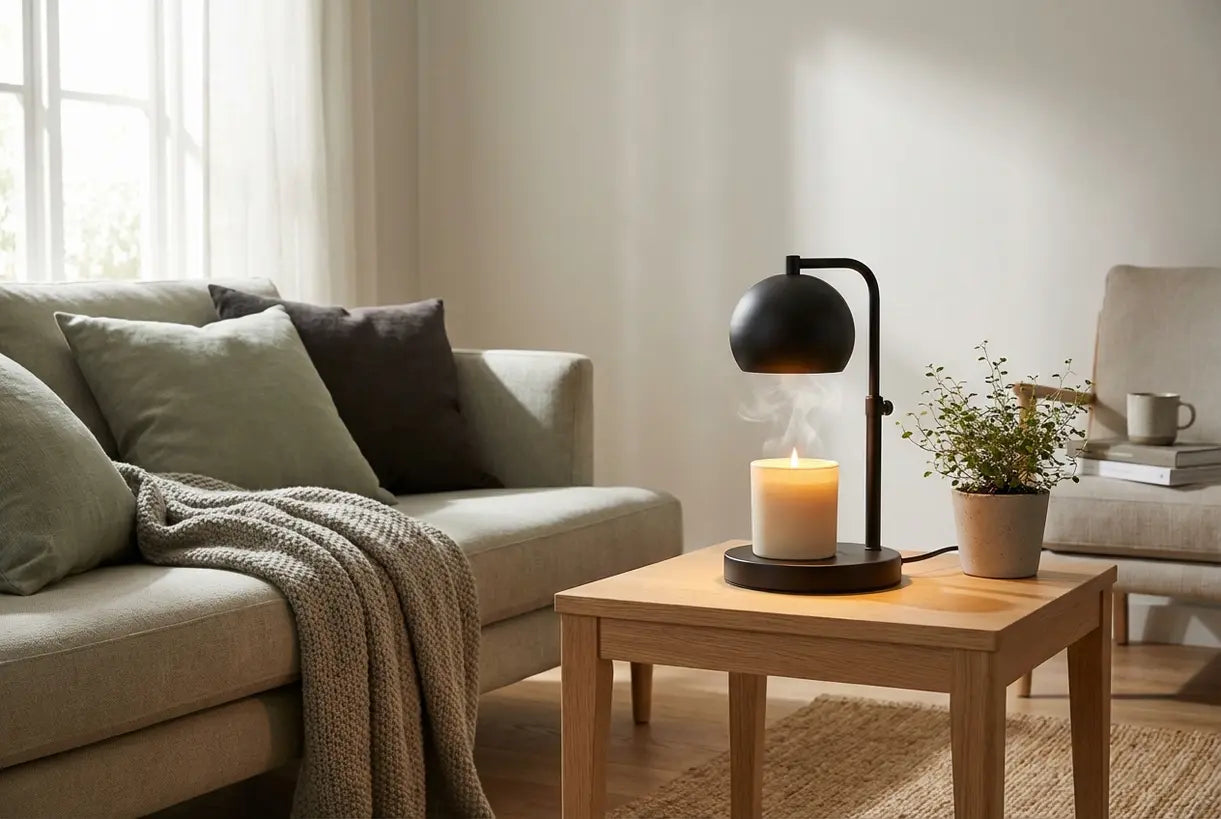 Scandinavische woonkamer met moderne kaarsverwarmerlamp op eiken tafel die een warme sfeervolle hygge-sfeer creëert