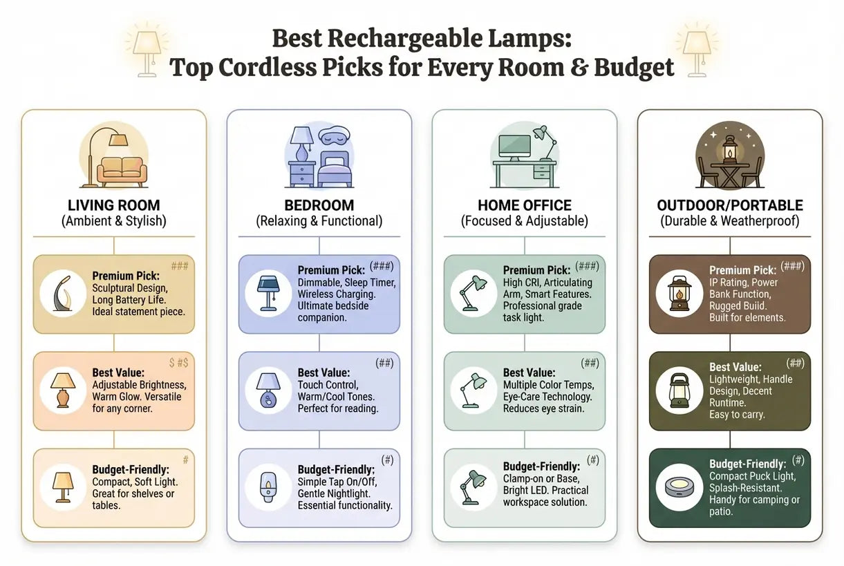 Beste oplaadbare lampen: Top draadloze keuzes voor elke kamer & budget - infographic