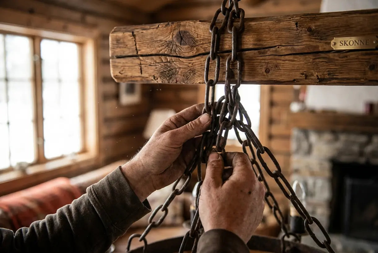 Handen die rustieke smeedijzeren kroonluchterketting aanpassen aan houten balk