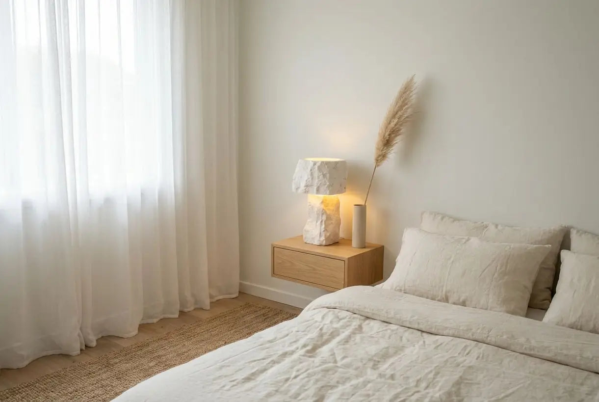 Witte stenen lamp die gloeit op nachtkastje in een luchtig minimalistisch slaapkamerinterieur
