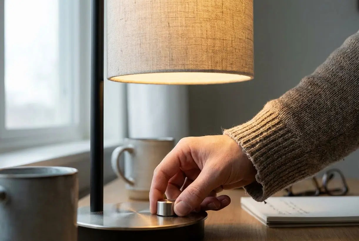 Handen die oogverzorgende bureaulamp met warme diffuse verlichting aanpassen