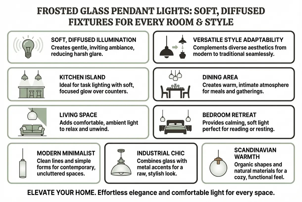 Pendellampen van mat glas: Zachte, diffuse armaturen voor elke kamer en stijl - infographic