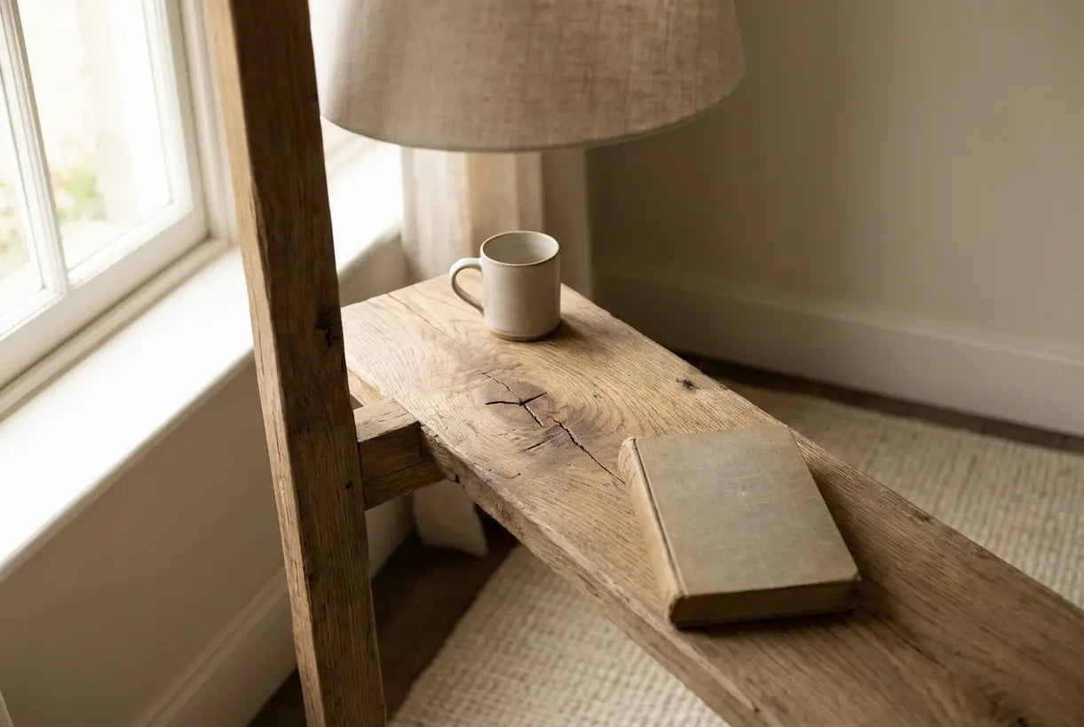 Detail van de natuurlijke houtnerf van een vloerlamp met planken