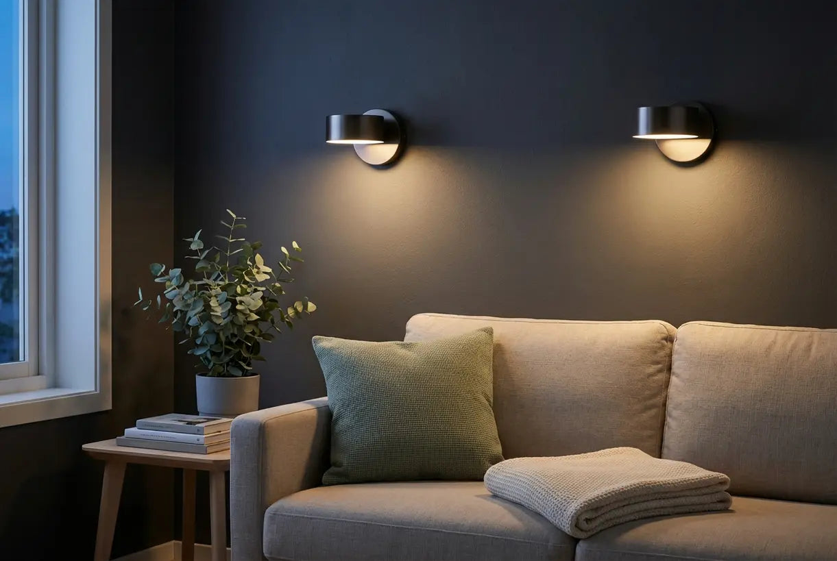 Scandinavian living room with two battery powered wall sconces providing warm ambient lighting, cozy hygge interior design