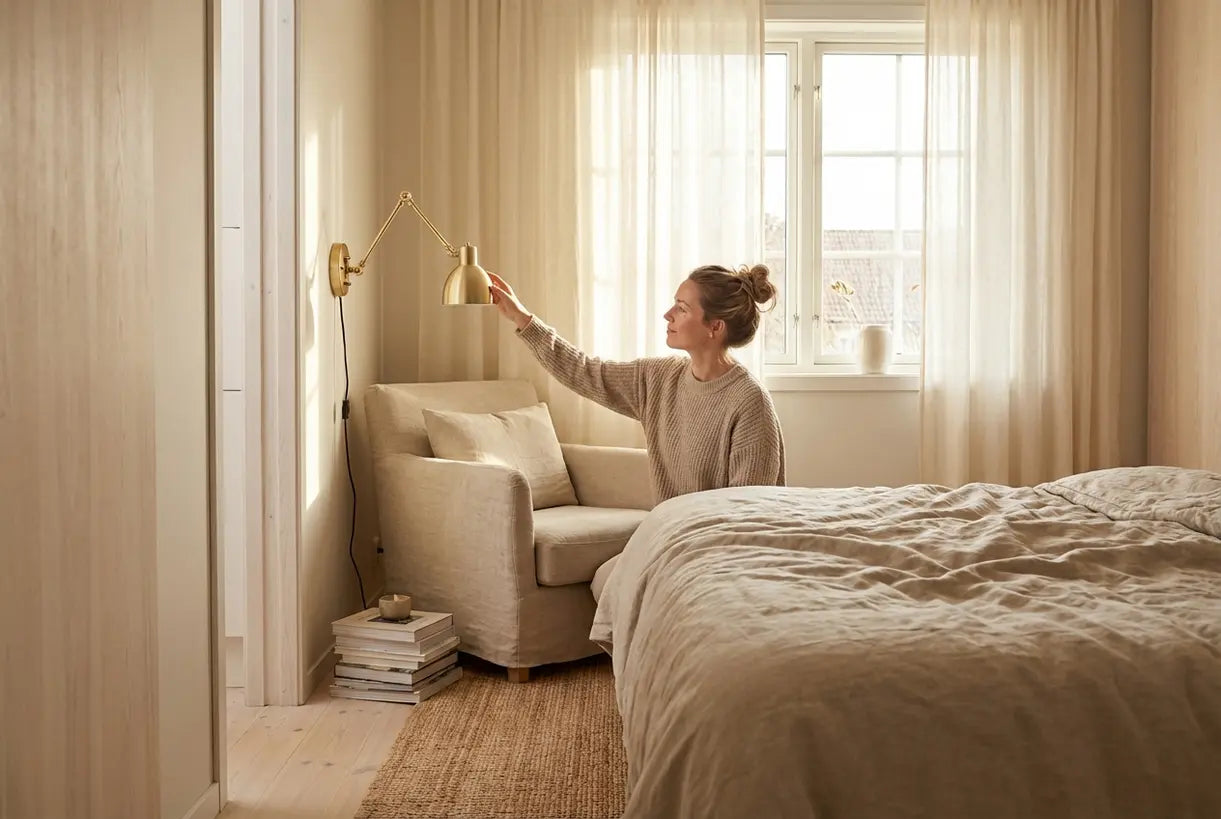 Vrouw stelt gouden wandlamp af in Scandinavische slaapkamer met warm natuurlijk licht.
