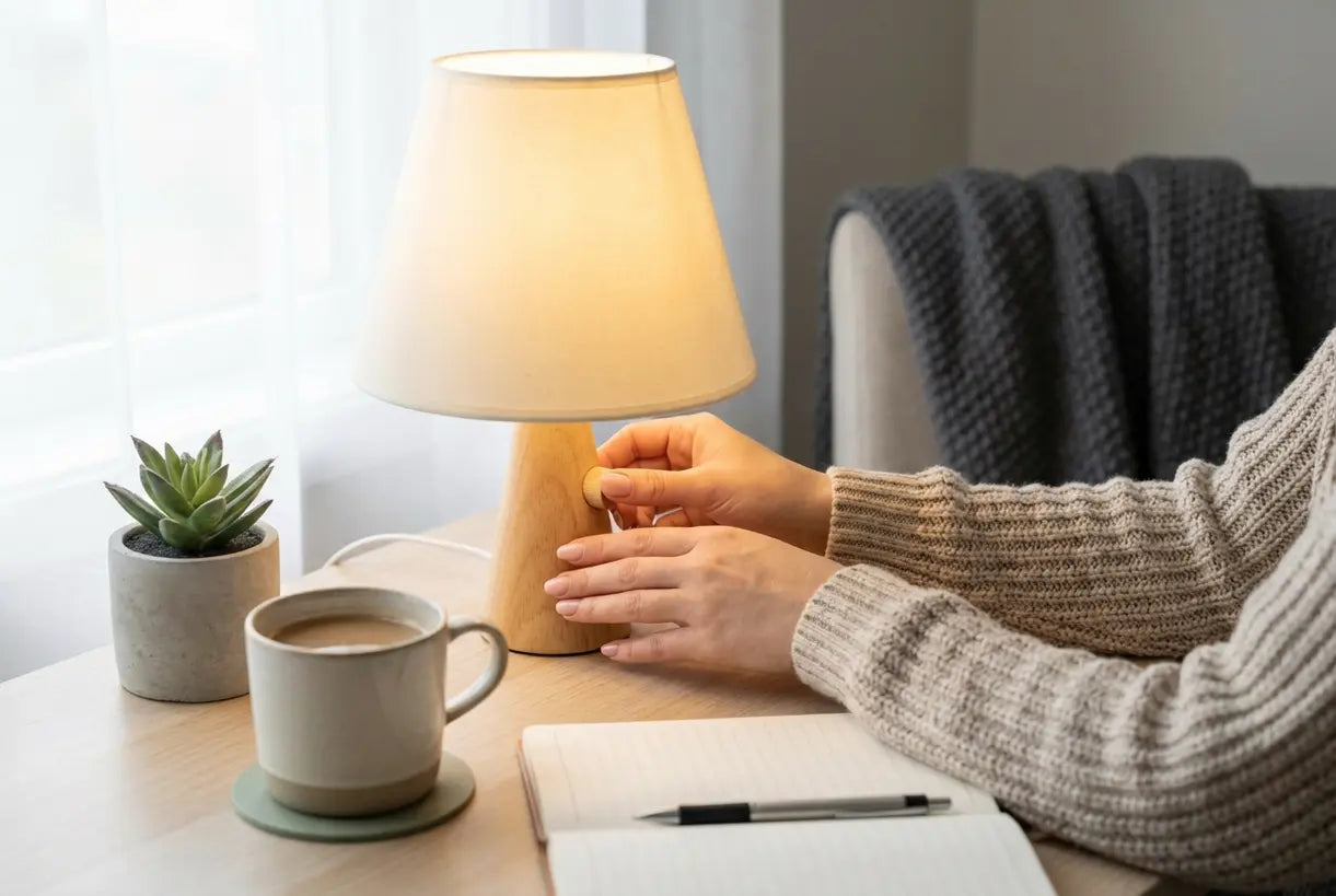 Handen passen schattige paddenstoel bureaulamp aan op Scandinavisch gestylede werkplek