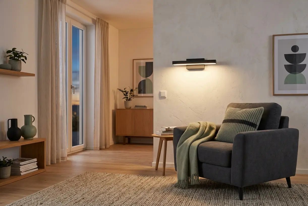 Modern living room with LED wall sconce providing warm ambient lighting in Scandinavian interior