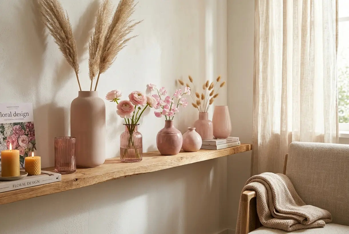 Scandinavische plank gestyled met roze bloemenvazen en romantische bloemstukken