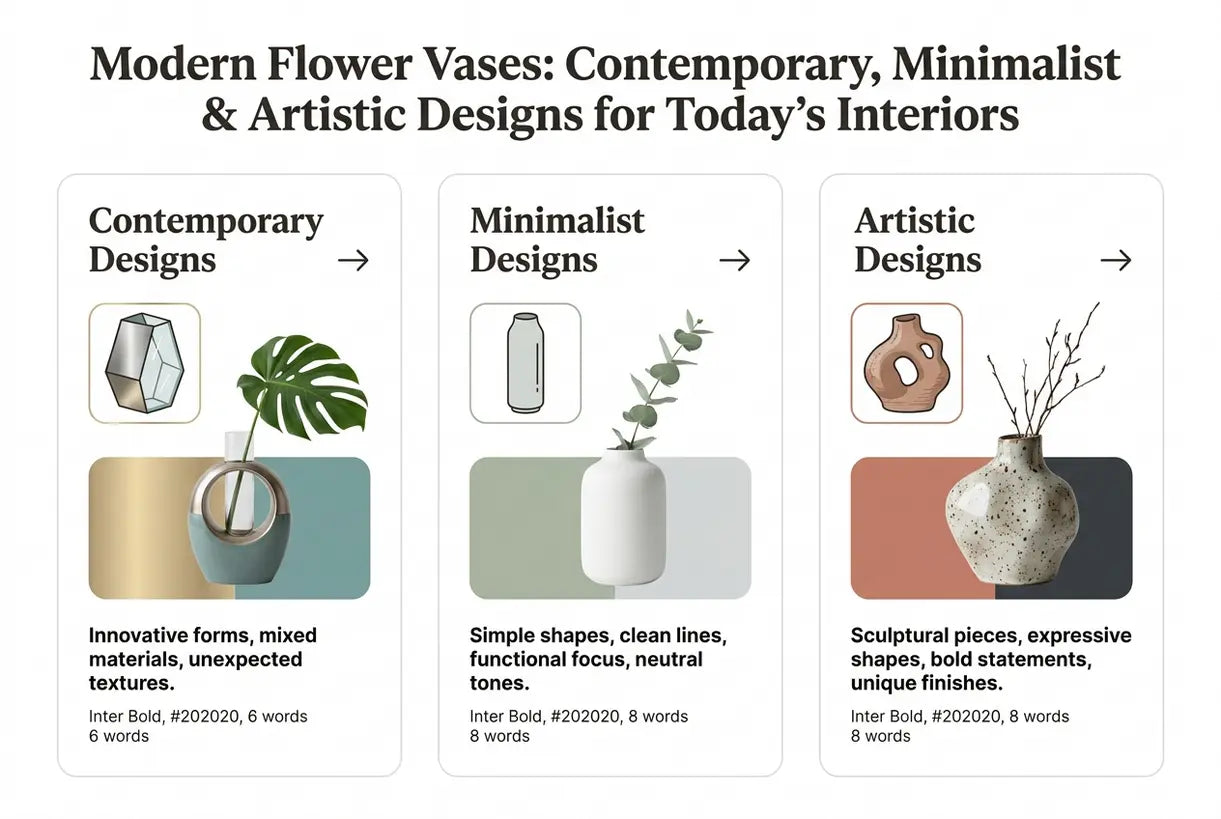 Moderne Bloemenvazen: Hedendaagse, Minimalistische & Artistieke Ontwerpen voor Huidige Interieurs - infographic