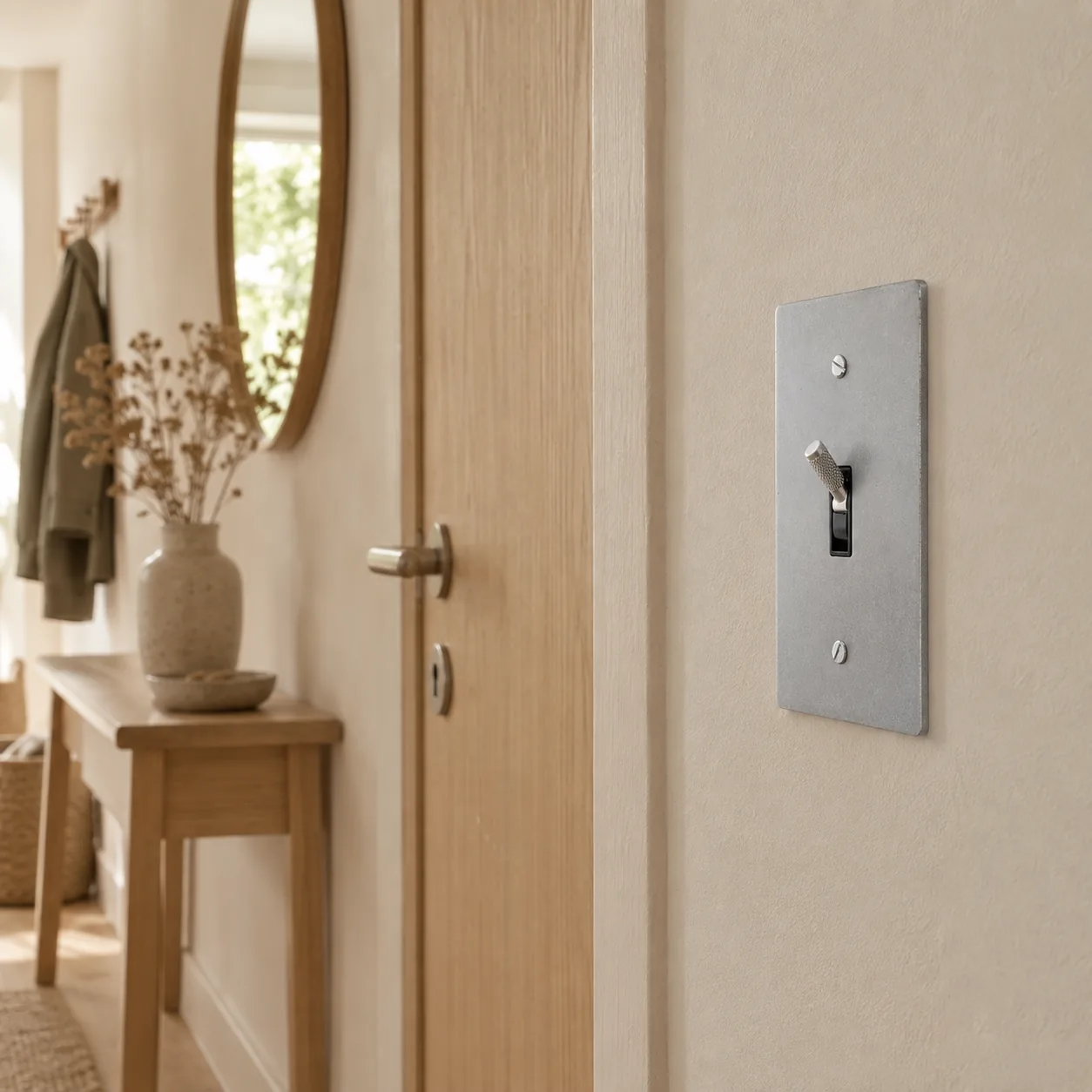 Lysvakt UL Certified Silver Brass Toggle Switch, styled in a Scandinavian interior