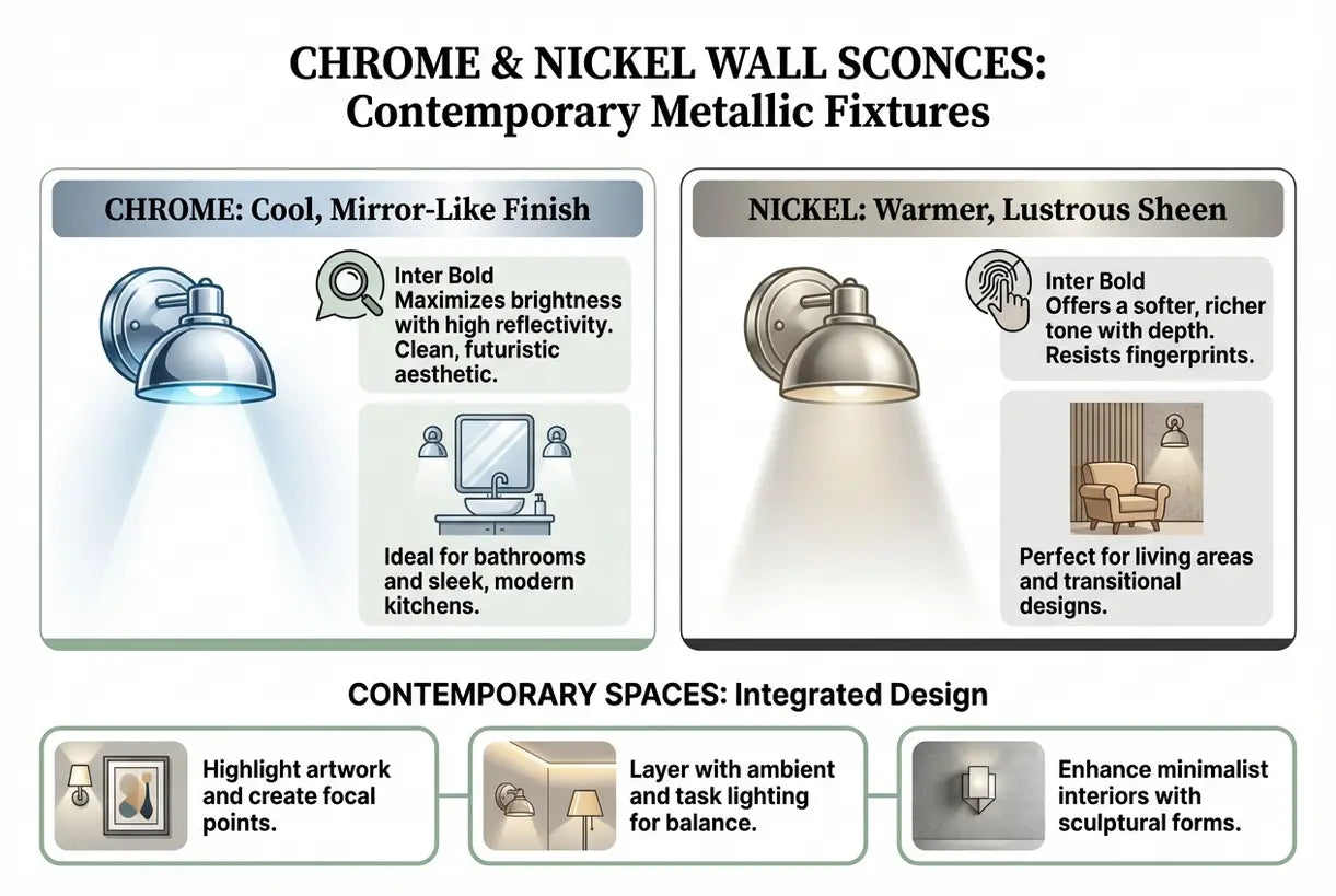 Chroom & Nikkelen Wandlampen: Koele, Gepolijste Metalen Armaturen voor Eigentijdse Ruimtes - infographic