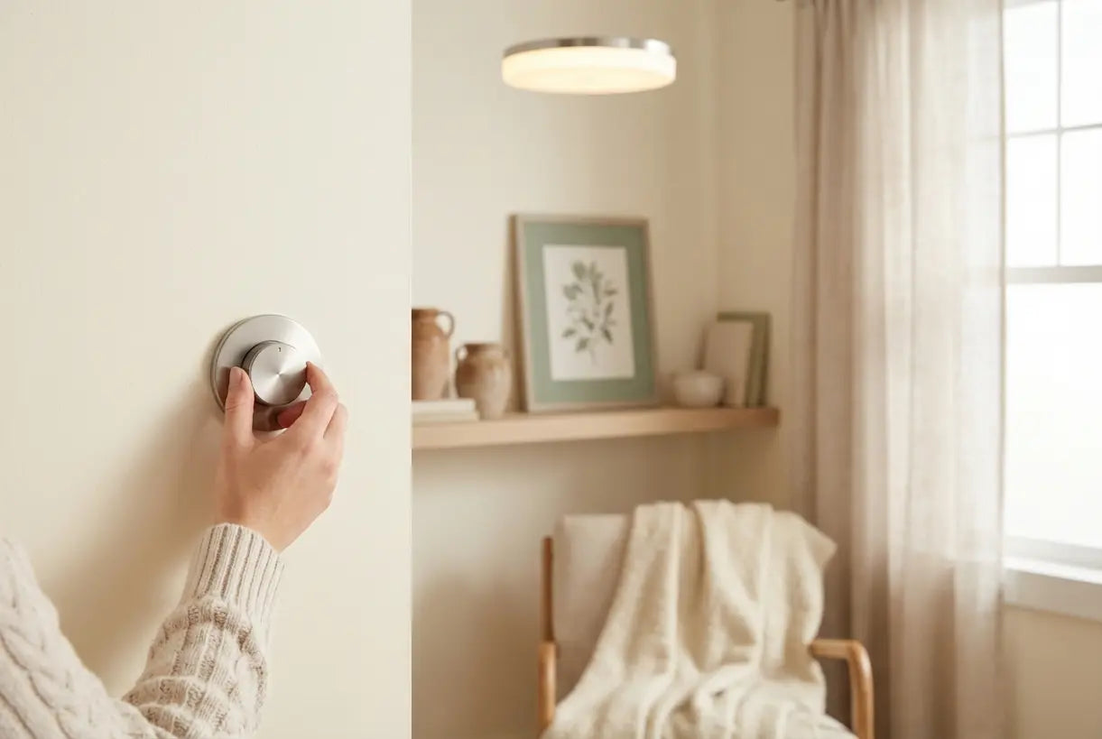 Hand dat een dimmer aanpast voor een dimbare opbouw plafondlamp in een Scandinavisch huis